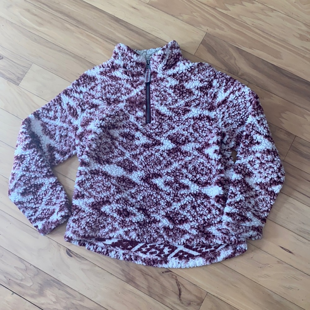 Cuddly Sherpa pullover. Super soft, burgundy & white w/ Aztec lining. Size 10/12
